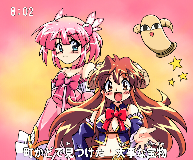 1990s_(style), 2girls, ahoge, blush, brown_hair, chiyoda_momo, curled_horns, demon_girl