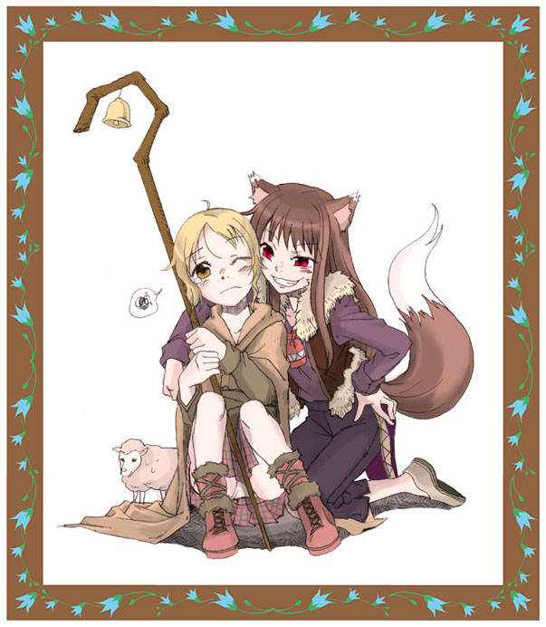 bell, blonde_hair, boots, brown_eyes, brown_hair, holo, kuronekokan_monpetit, long_hair