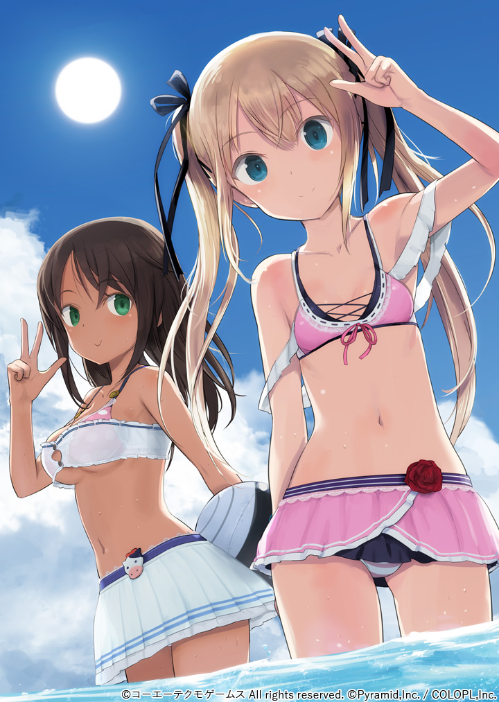 2girls, alice_gear_aegis, ball, bare_shoulders, beachball, bikini, bikini_skirt, black_ribbon