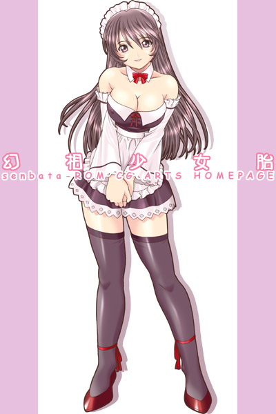 breasts, cleavage, detached_sleeves, long_hair, maid, senbata-roh, senbata-rou, thigh-highs