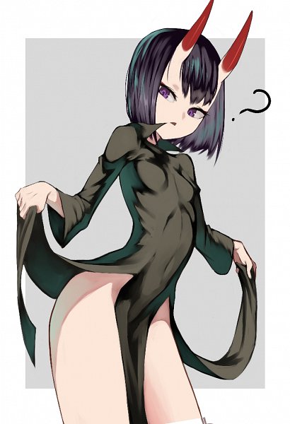 ?, confused, crossover, dress, fate_(series), horns, lifting_dress, looking_at_viewer