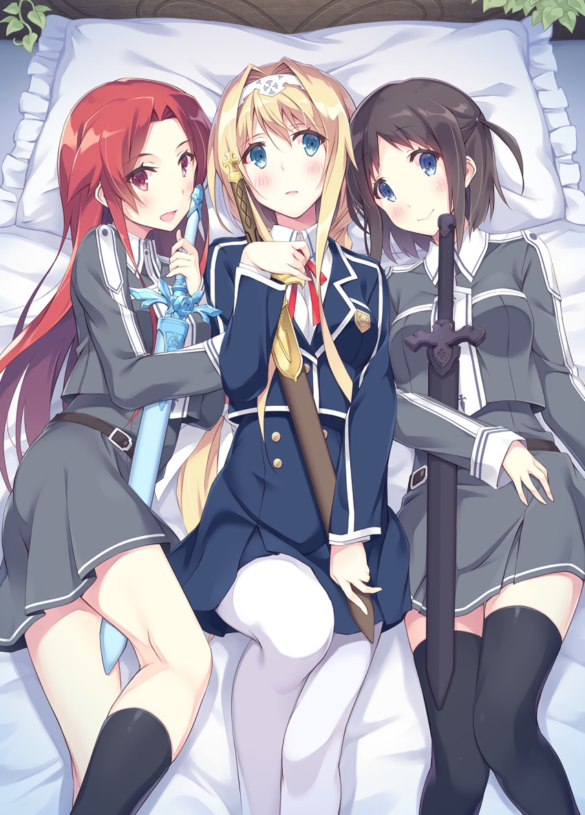 3girls, alice_schuberg, bed, belt, black_hair, black_jacket, black_legwear, black_skirt