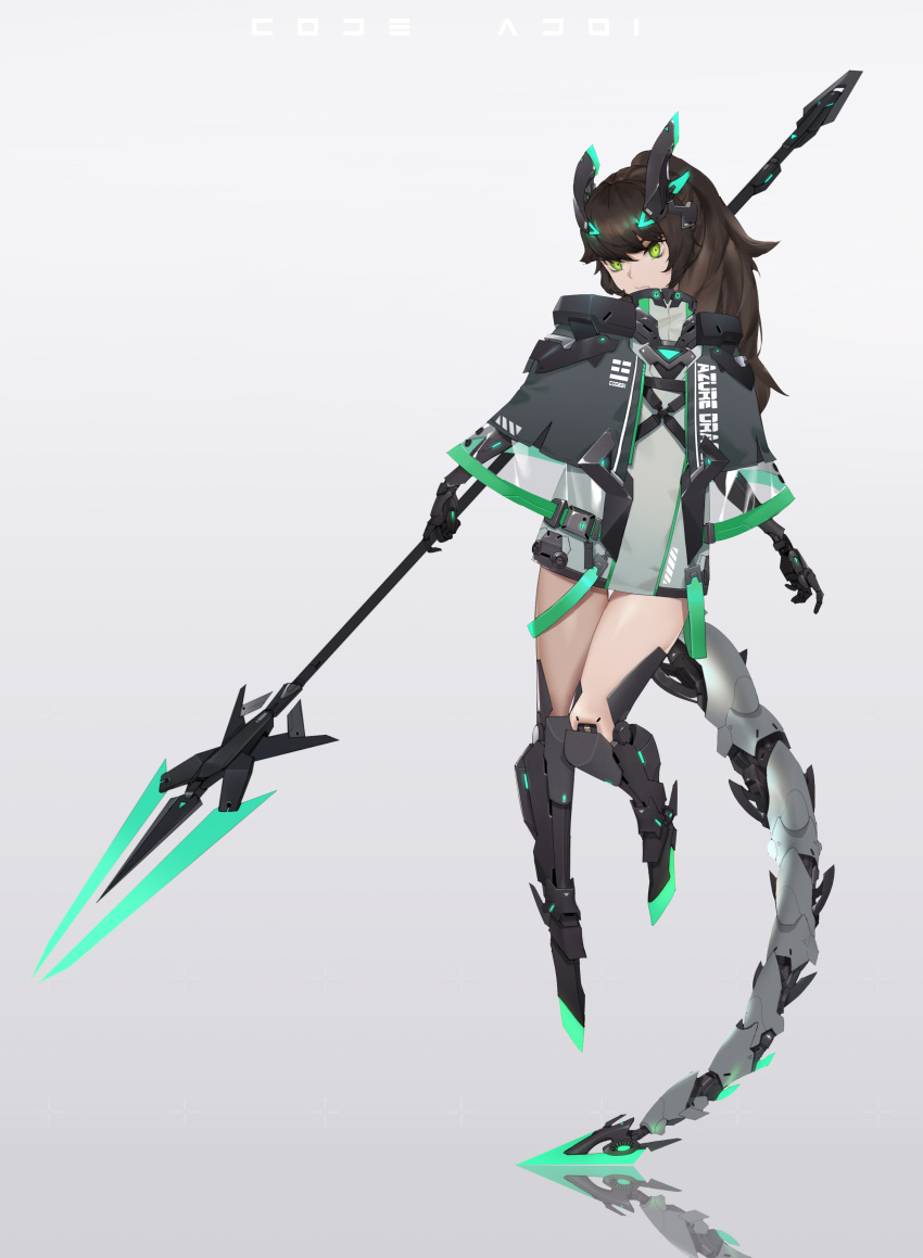 1girl, absurdres, android, black_capelet, brown_hair, capelet, closed_mouth, dress, floating, full_body, green_dress, green_eyes, grey_background, headpiece, highres, icy02, long_hair, mecha_musume, mechanical_arm, mechanical_boots, mechanical_tail, original, polearm, ponytail, reflection, science_fiction, short_dress, simple_background, solo, spear, tail, thighs, turtleneck, weapon