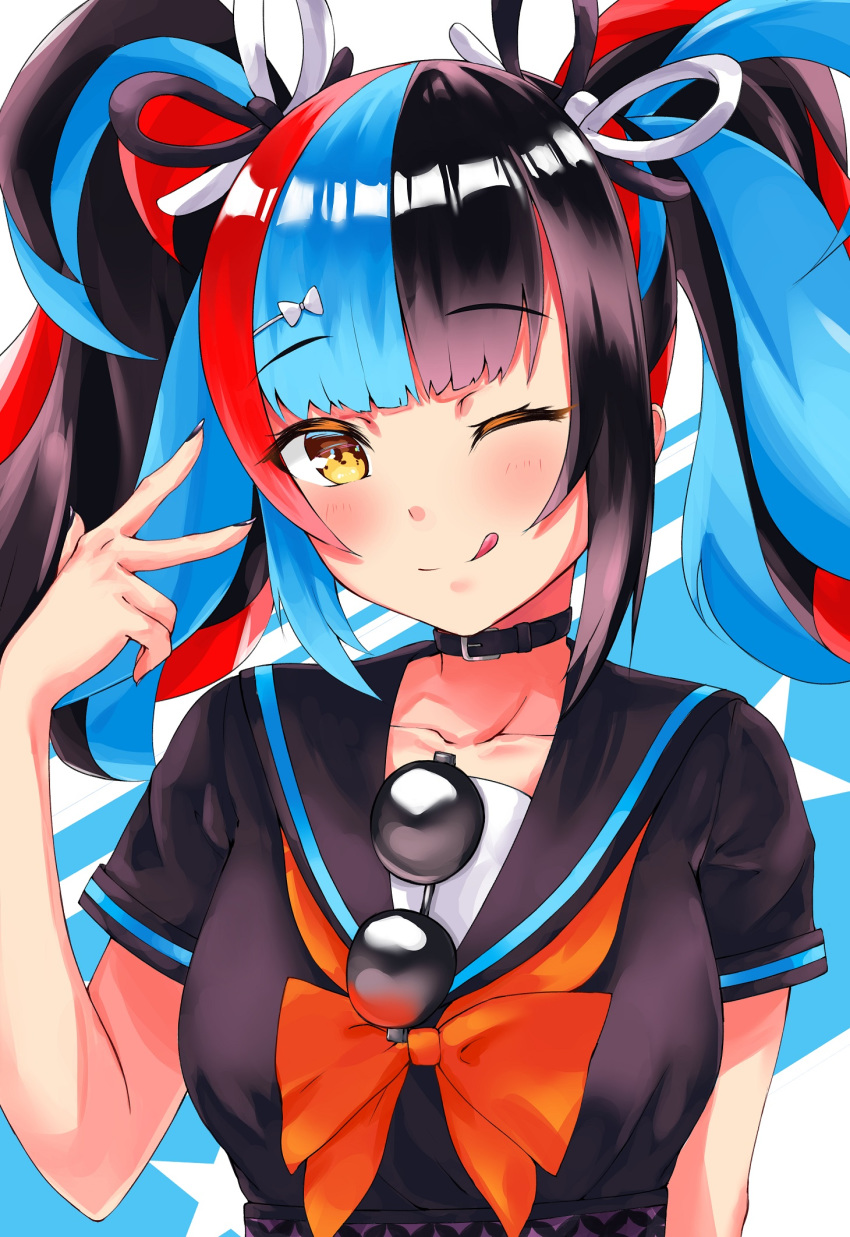 1girl, bangs, black_collar, black_hair, black_nails, black_sailor_collar, black_serafuku, black_shirt