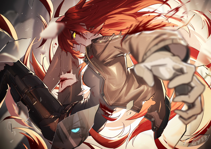 2girls, bai_yemeng, bangs, black_jacket, black_pants, bleeding, blood, blood_on_face