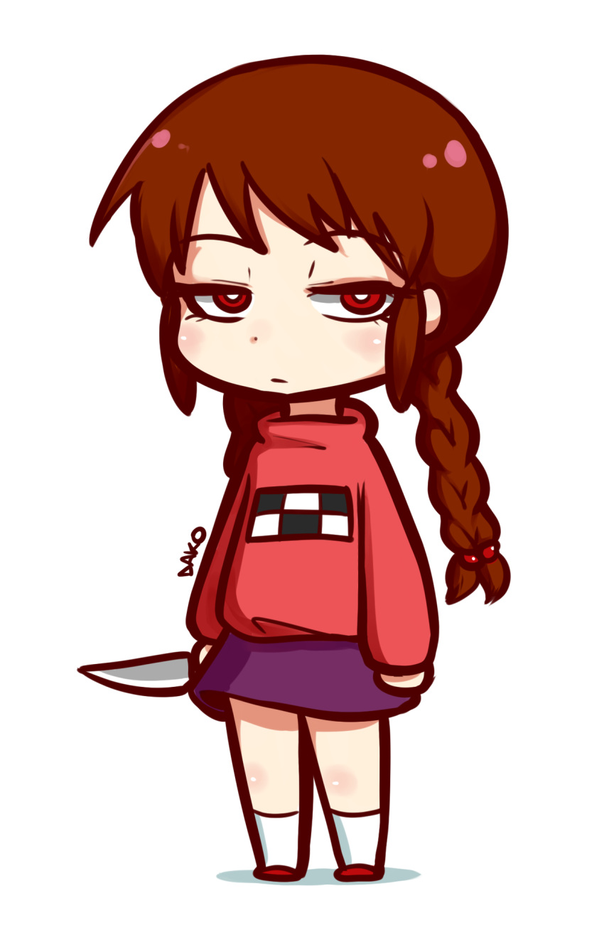 1girl, artist_name, blush, braid, brown_hair, chibi, closed_mouth, dako_(dakosito)