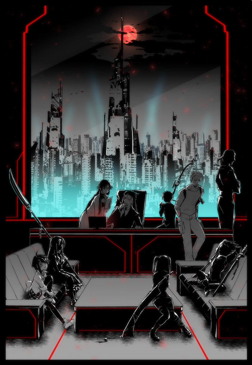 2boys, 2girls, 5others, bangs, black_hair, black_jacket, blonde_hair, blue_eyes