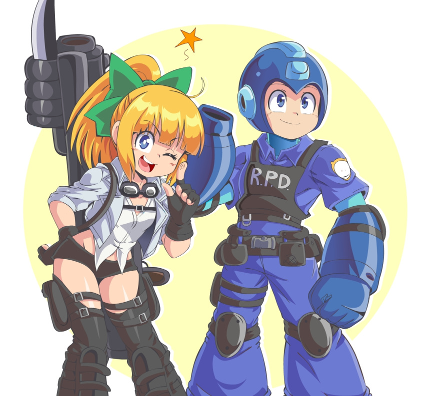1boy, 1girl, arm_cannon, blonde_hair, bocodamondo, bow, bulletproof_vest, capcom