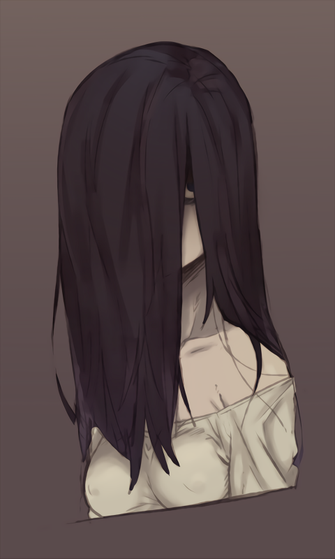 1girl, black_hair, breasts, collagen, hair_over_one_eye, horror_(theme), long_hair, looking_at_viewer, simple_background, solo, the_ring, very_long_hair, yamamura_sadako