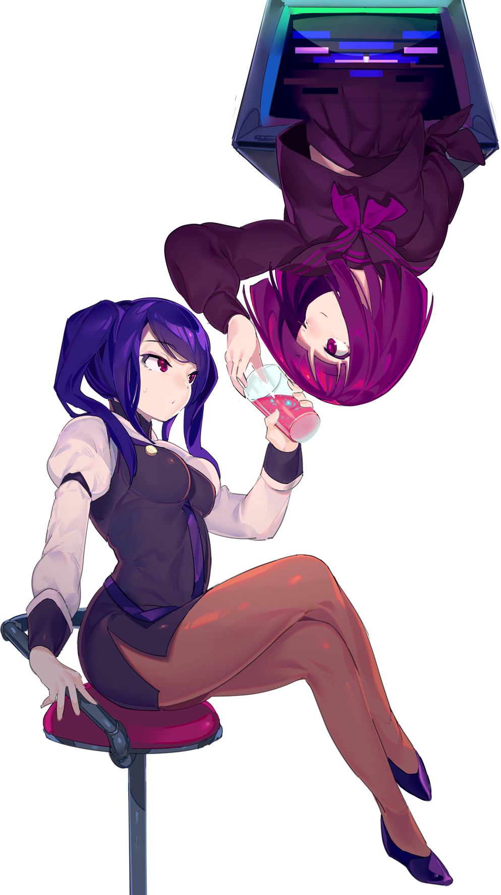 2girls, ;), anna_graem, bangs, bar_stool, bartender, between_breasts, black_sailor_collar, black_shirt, black_skirt, black_vest, blue_hair, breasts, crossed_legs, cup, drink, drinking_glass, highres, holding, holding_cup, jill_stingray, long_hair, long_sleeves, medium_breasts, miniskirt, monitor, multiple_girls, necktie, one_eye_closed, pantyhose, pencil_skirt, puffy_long_sleeves, puffy_sleeves, purple_hair, sailor_collar, school_uniform, serafuku, shirt, shoes, side_slit, sitting, skirt, smile, stool, sweatdrop, swept_bangs, twintails, upside-down, va-11_hall-a, vest, violet_eyes, white_background, xschinkenwurstx