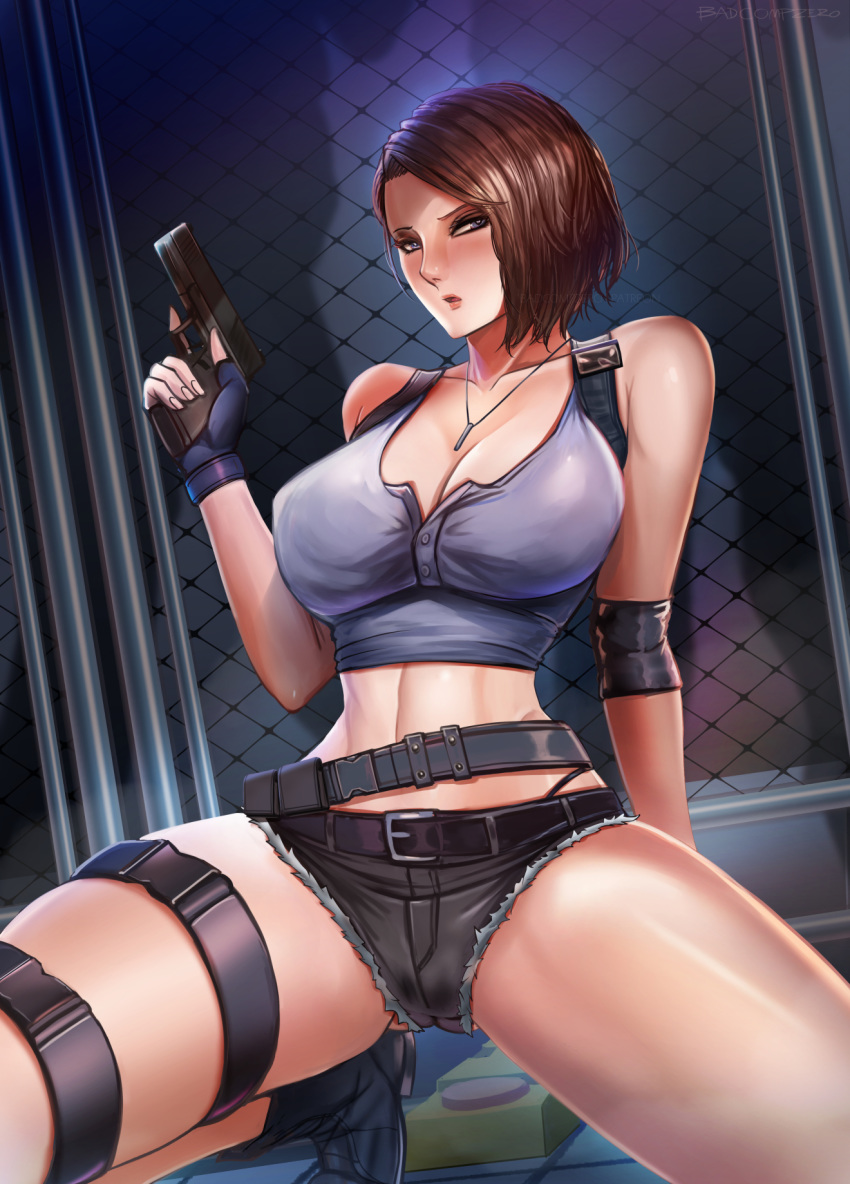1girl, badcompzero, belt, black_shorts, blue_eyes, breasts, brown_hair, chain-link_fence