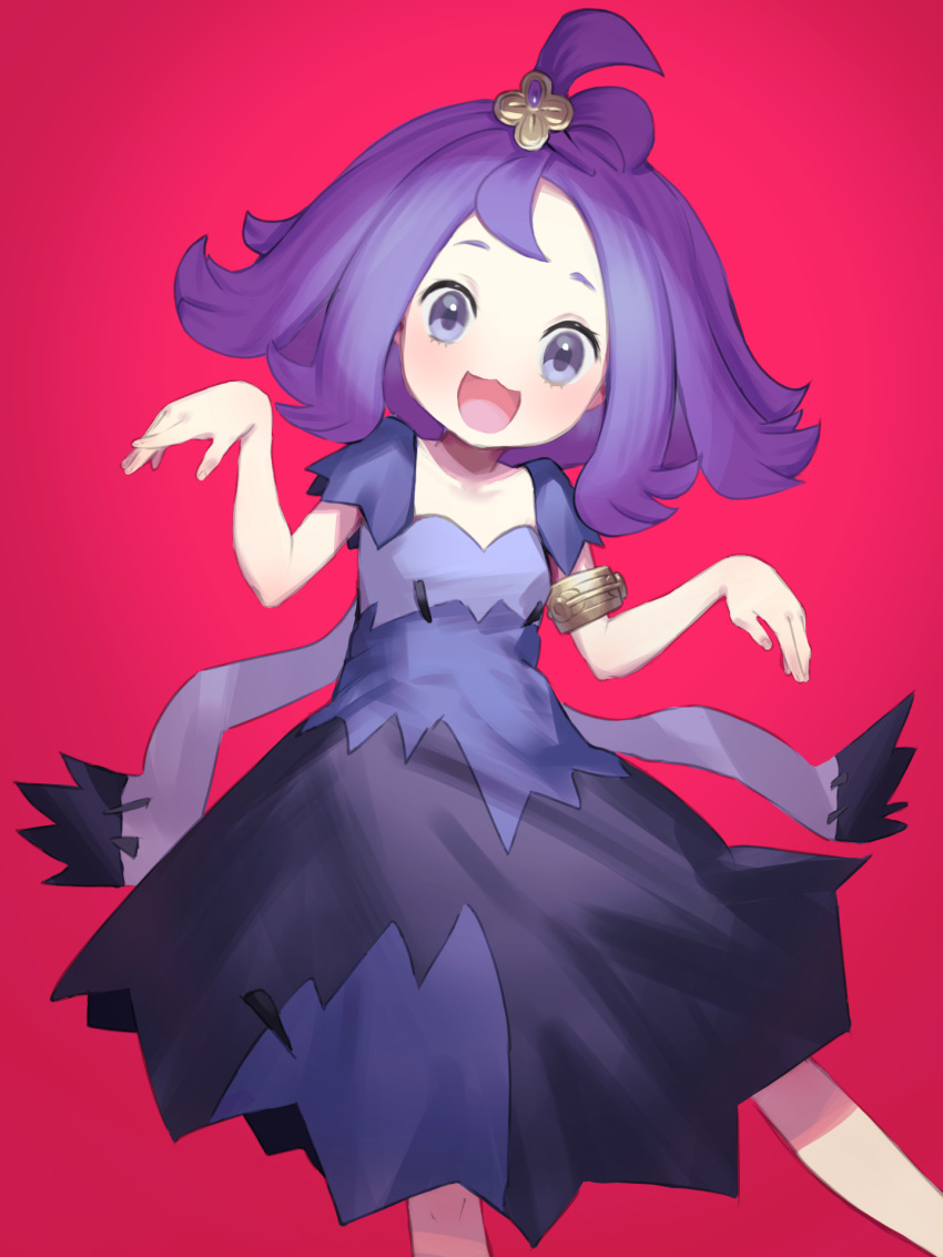 1girl, :3, acerola_(pokemon), armlet, blush, collarbone, dress, elite_four, flipped_hair, hair_ornament, highres, ie_(_raarami_), looking_at_viewer, open_mouth, pokemon, pokemon_(game), pokemon_masters, pokemon_sm, purple_hair, red_background, short_hair, short_sleeves, simple_background, smile, solo, stitches, topknot, trial_captain, violet_eyes
