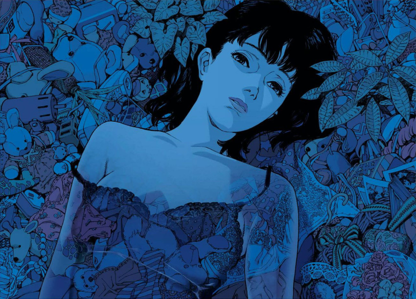 1girl, black_dress, black_hair, blue_theme, bottle, bra, brown_eyes, corn