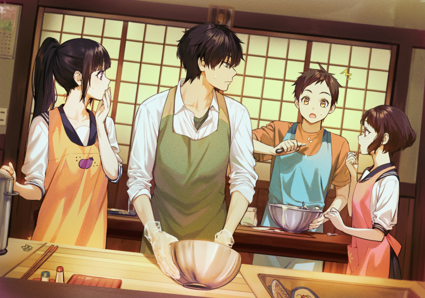 2boys, 2girls, :o, apron, bangs, black_hair, blue_apron, bowl, brown_hair, chitanda_eru, closed_mouth, collar, collarbone, collared_shirt, commentary_request, cooking, eggplant, fukube_satoshi, gloves, green_apron, green_eyes, green_shirt, hair_between_eyes, hand_on_own_face, holding, holding_bowl, hyouka, ibara_mayaka, indoors, kitchen, long_hair, looking_at_another, mery_(apfl0515), multiple_boys, multiple_girls, open_mouth, orange_apron, orange_shirt, oreki_houtarou, pink_apron, ponytail, school_uniform, see-through, serafuku, shirt, short_hair, short_sleeves, sleeves_rolled_up, standing, sweat, sweatdrop, transparent_gloves, upper_body, violet_eyes, watermark, white_shirt, yellow_eyes