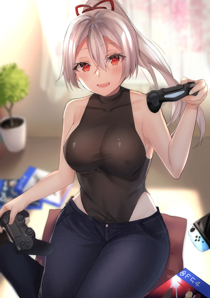 1girl, absurdres, backlighting, bangs, bare_shoulders, black_leotard, blue_pants, blush