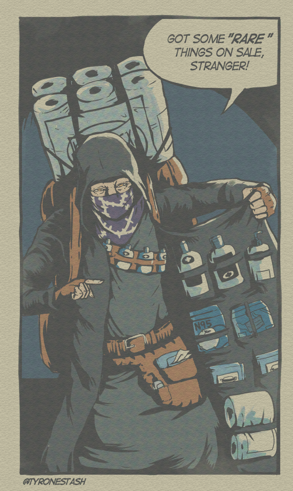 1boy, coat, coronavirus_pandemic, covered_mouth, english_text, fingerless_gloves, gloves, hood, lotion_bottle, male_focus, mask, merchant_(resident_evil), mouth_mask, open_clothes, open_coat, orange_eyes, parody, pointing, resident_evil, resident_evil_4, solo, speech_bubble, toilet_paper, trench_coat, tyrone