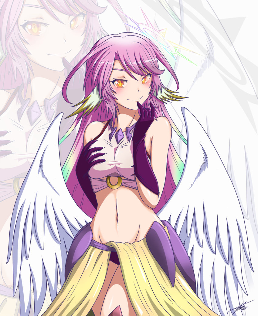 1girl, angel_wings, asymmetrical_gloves, bangs, bare_shoulders, blush, breast_grab, breasts