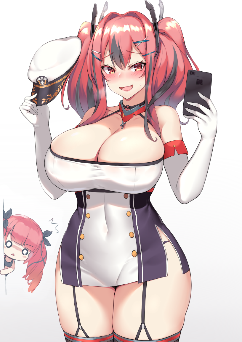 2girls, alternate_costume, azur_lane, bangs, black_bra, black_ribbon, blunt_bangs, blurry, blush, bra, breasts, bremerton_(azur_lane), cellphone, colored_eyelashes, commentary, cosplay, covered_navel, covered_nipples, depth_of_field, dress, elbow_gloves, english_commentary, eyebrows_visible_through_hair, garter_straps, gloves, grey_hair, hair_ornament, hair_ribbon, hairclip, halterneck, hat, headwear_removed, honolulu_(azur_lane), honolulu_(azur_lane)_(cosplay), huge_breasts, kuavera, long_hair, mole, mole_on_breast, mole_under_eye, multicolored_hair, multiple_girls, nose_blush, open_mouth, peaked_cap, phone, pink_eyes, pink_hair, pink_lips, redhead, ribbon, self_shot, shiny, short_dress, skindentation, smartphone, smile, solid_circle_eyes, sports_bra, streaked_hair, thigh-highs, twintails, underwear, white_gloves, x_hair_ornament