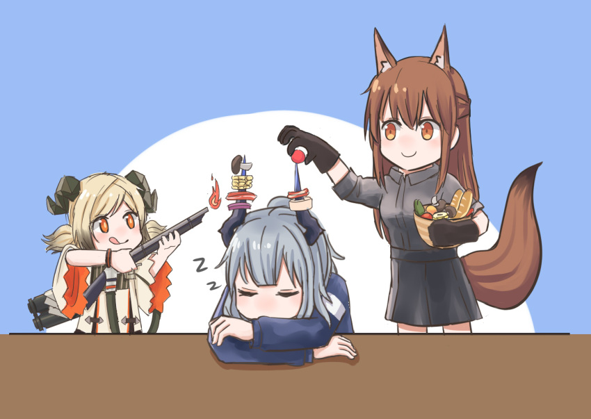 3girls, animal_ears, arknights, blonde_hair, blue_hair, brown_hair, food, fox_ears