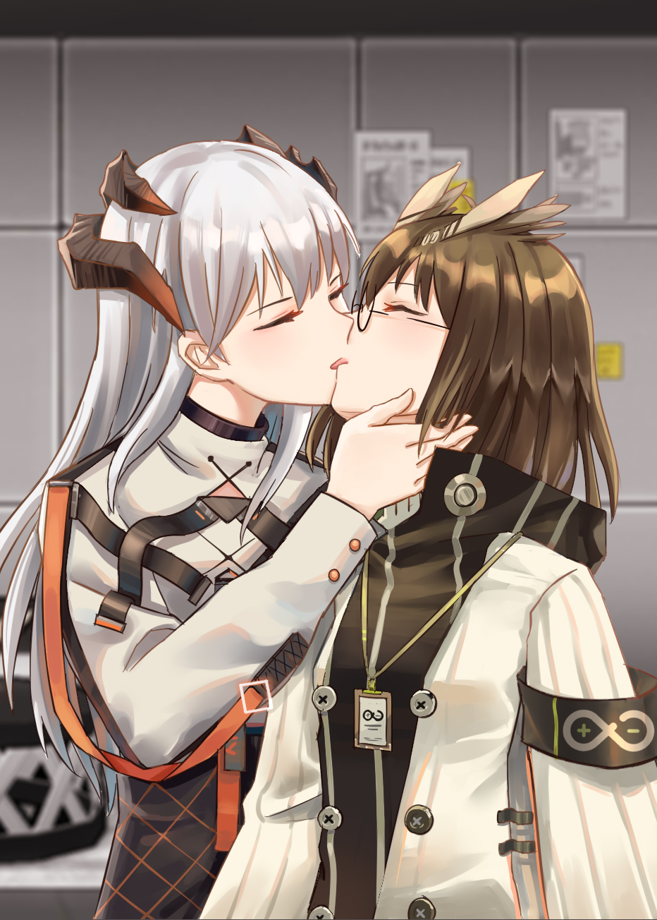 2girls, animal_ears, arknights, armband, bangs, black_skirt, brown_hair, closed_eyes