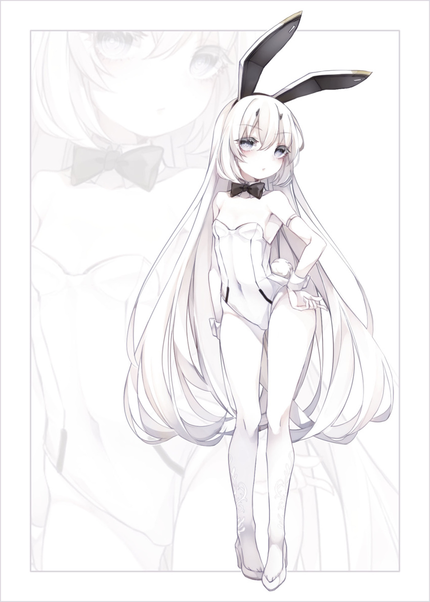 1girl, animal_ears, bare_shoulders, bow, bowtie, breasts, bunny_tail, bunnysuit