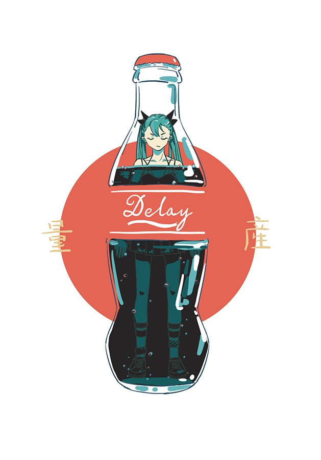 1girl, black_bow, blue_hair, bottle, bow, brand_name_imitation, closed_eyes, coca-cola