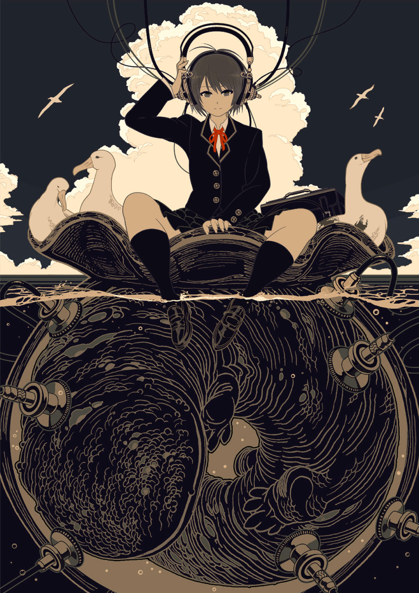 1girl, albatross, bird, black_jacket, black_legwear, cable, clouds, collared_shirt