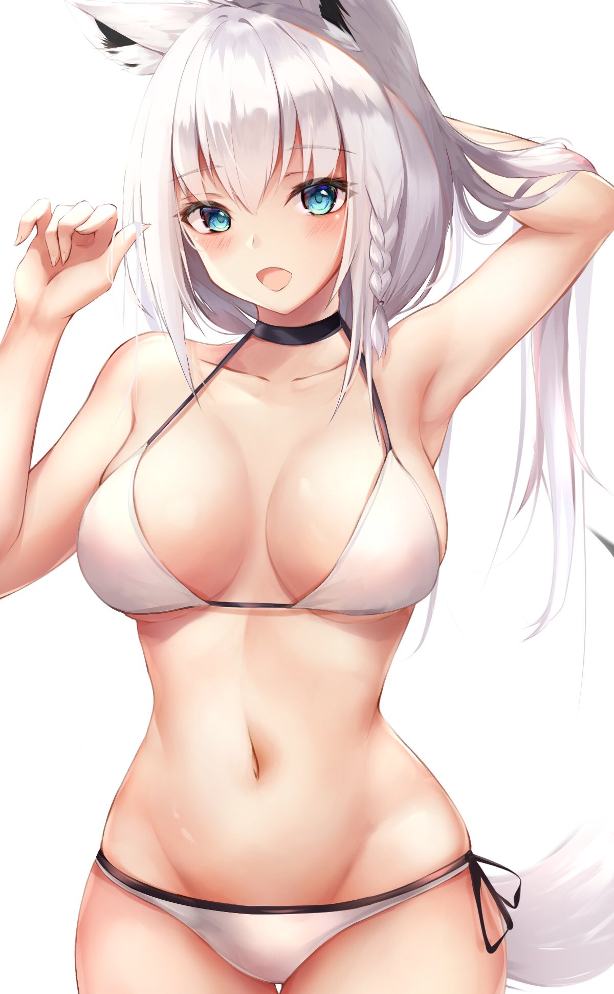 1girl, :d, animal_ears, arm_up, armpits, bare_arms, bare_shoulders, bikini