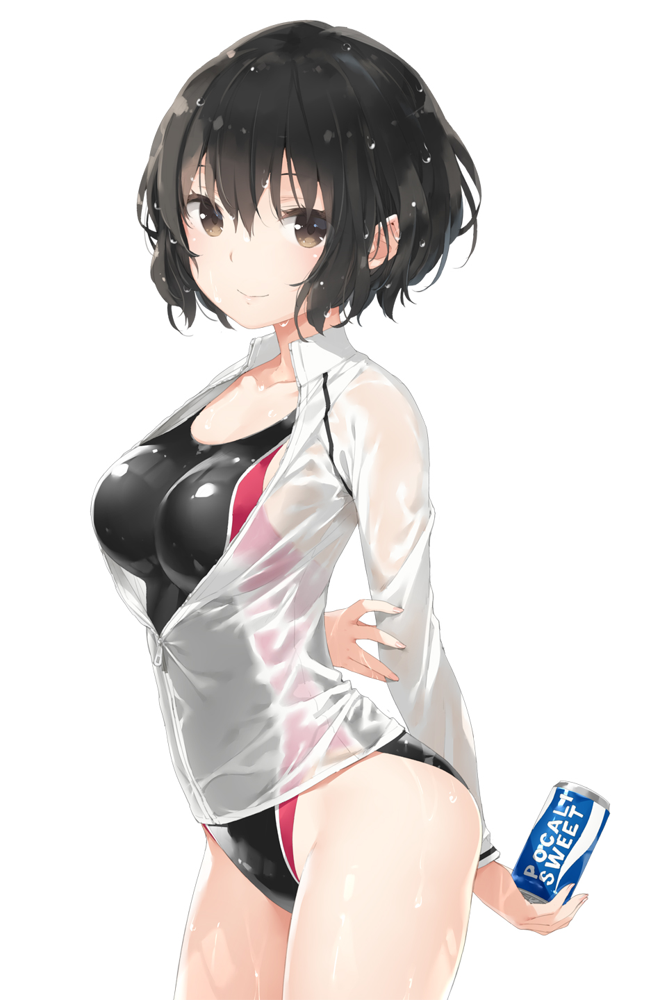 1girl, bangs, black_hair, black_swimsuit, blush, brand_name_imitation, breasts, brown_eyes