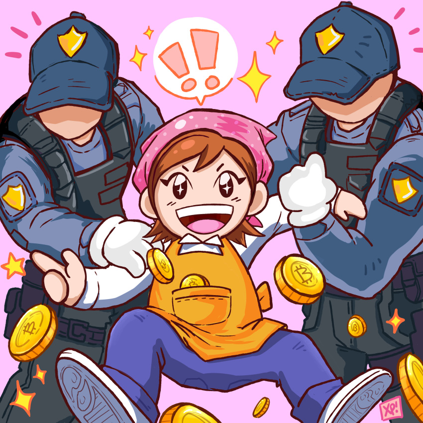 !!, 1girl, 2boys, absurdres, apron, bandana, bangs, bitcoin
