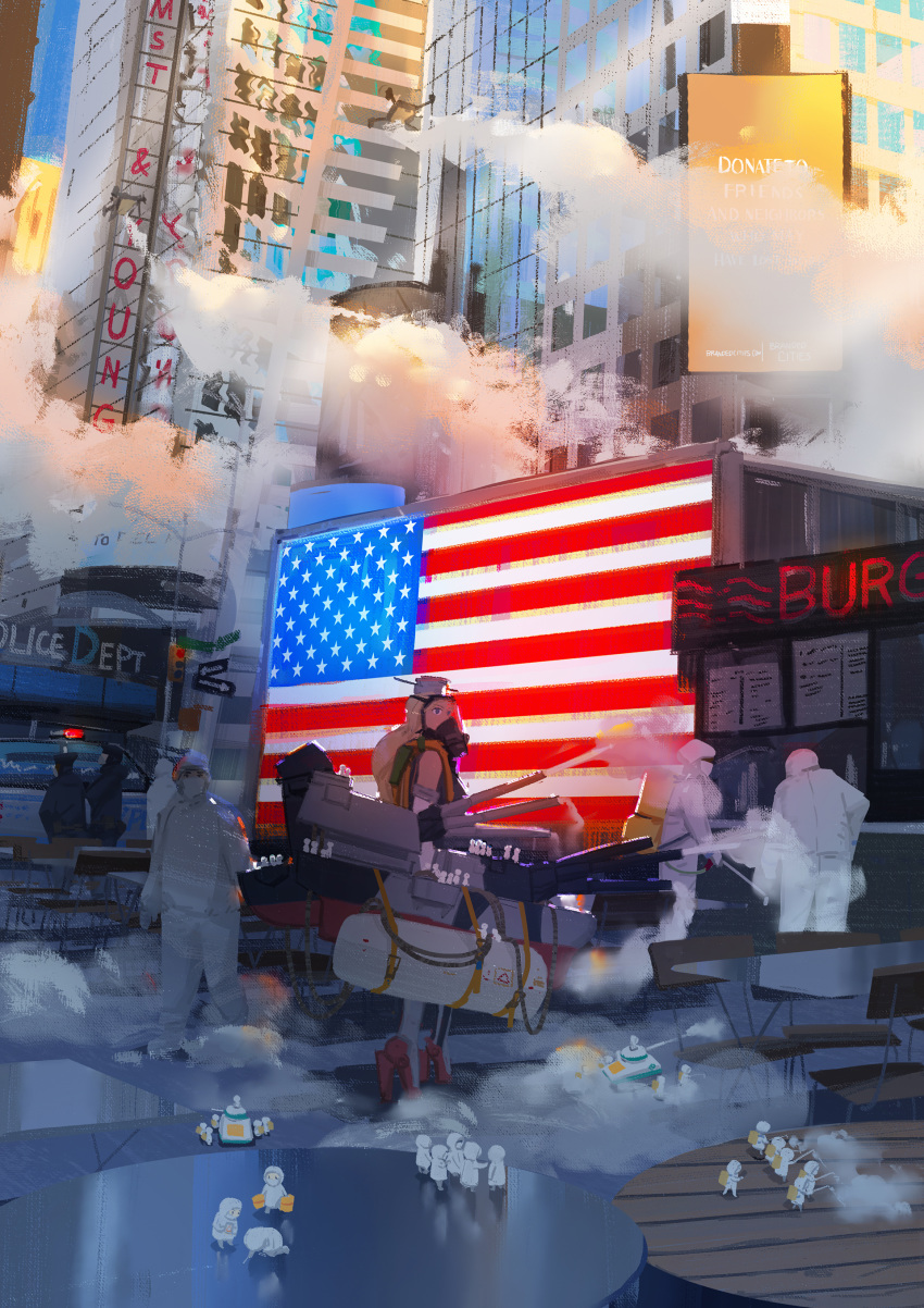 1girl, absurdres, car, city, coronavirus_pandemic, drone, fairy_(kantai_collection), gas_mask, ground_vehicle, hazmat_suit, high_heels, highres, iowa_(kantai_collection), kantai_collection, long_hair, mask, motor_vehicle, mouth_mask, police, police_car, police_uniform, solo_focus, uniform, ye_fan