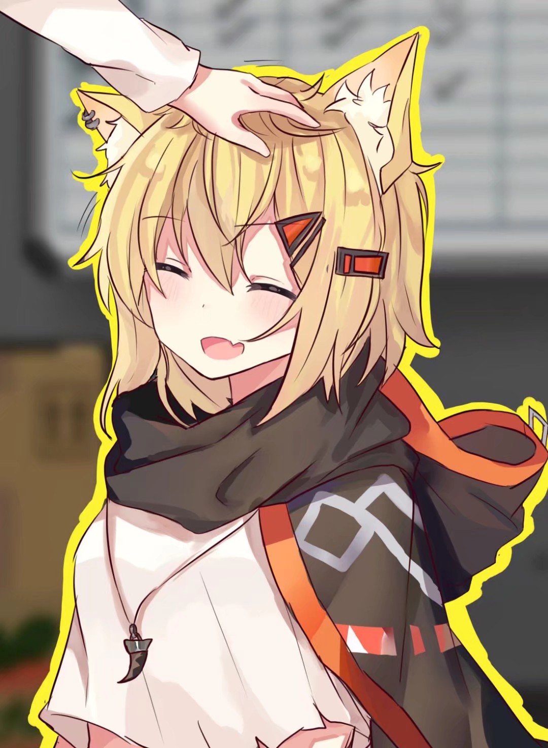 animal_ear_fluff, animal_ears, arknights, bangs, black_cloak, blonde_hair, blurry, blush, cloak, closed_eyes, commentary_request, crop_top, crop_top_overhang, depth_of_field, eyebrows_visible_through_hair, facing_viewer, fang, fox_ears, hair_between_eyes, hair_ornament, hairclip, highres, hood, hooded_cloak, jewelry, necklace, out_of_frame, outline, petting, sb_(akagikeai), short_hair, skin_fang, solo_focus, upper_body, vermeil_(arknights), white_crop_top, yellow_outline, |d