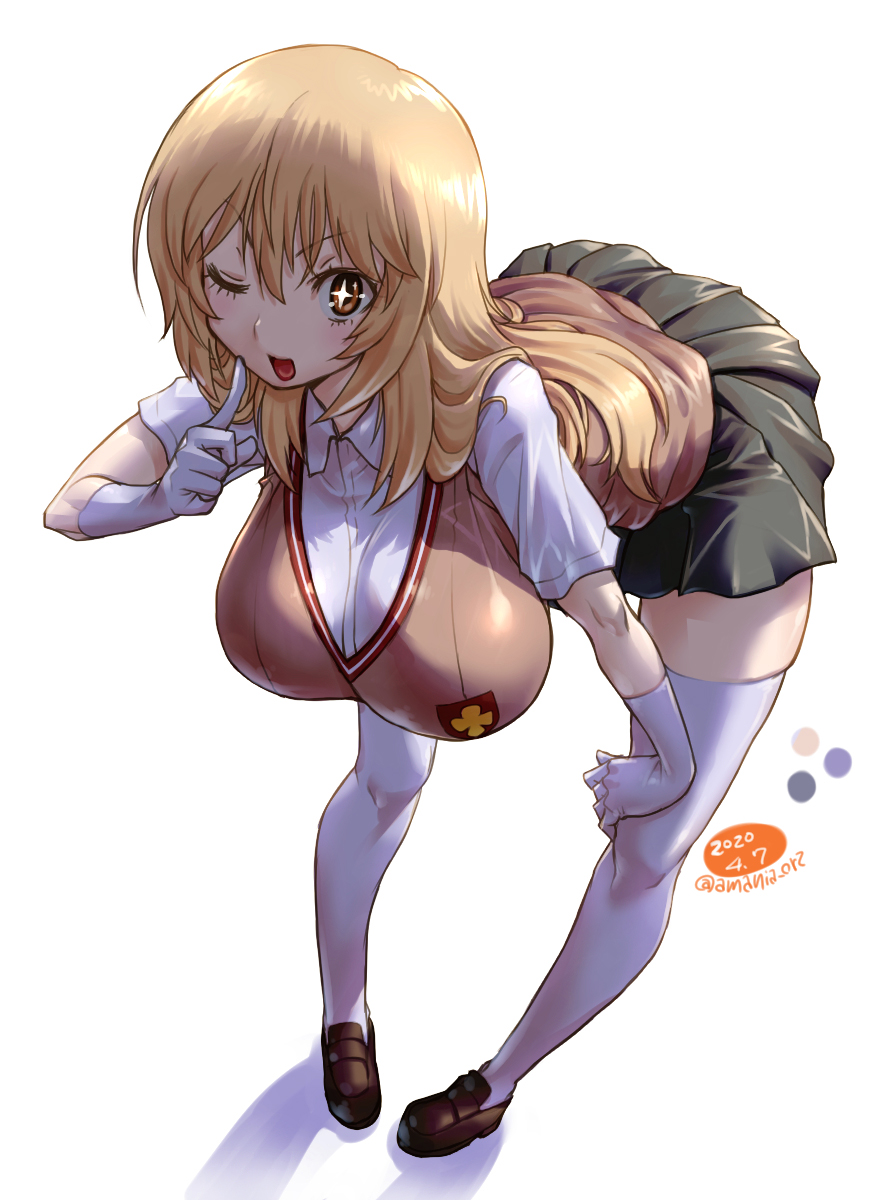 +_+, 1girl, amania_orz, blonde_hair, blush, breasts, gloves, hanging_breasts