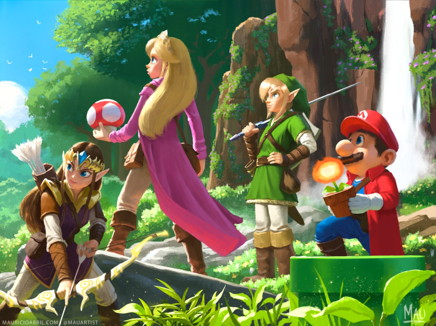 2boys, 2girls, arrow, bag, blonde_hair, blue_eyes, boots, bow_(weapon), brown_hair, coat, commentary, english_commentary, facial_hair, fire_flower, forest, gloves, highres, knee_boots, link, long_hair, mario, super_mario_bros., master_sword, mauricio_abril, multiple_boys, multiple_girls, mushroom, mustache, nature, outdoors, parody, pointy_ears, princess_peach, princess_zelda, quiver, shield, short_hair, style_parody, super_mario_bros., super_mushroom, sword, the_legend_of_zelda, tiara, tunic, warp_pipe, water, waterfall, weapon