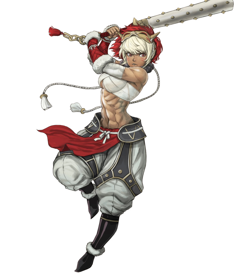 1girl, abs, bandaged_arm, bandages, bare_shoulders, biceps, boots, breasts