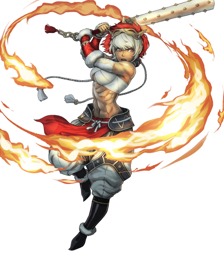 1girl, abs, bandaged_arm, bandages, bangs, bare_shoulders, biceps, boots