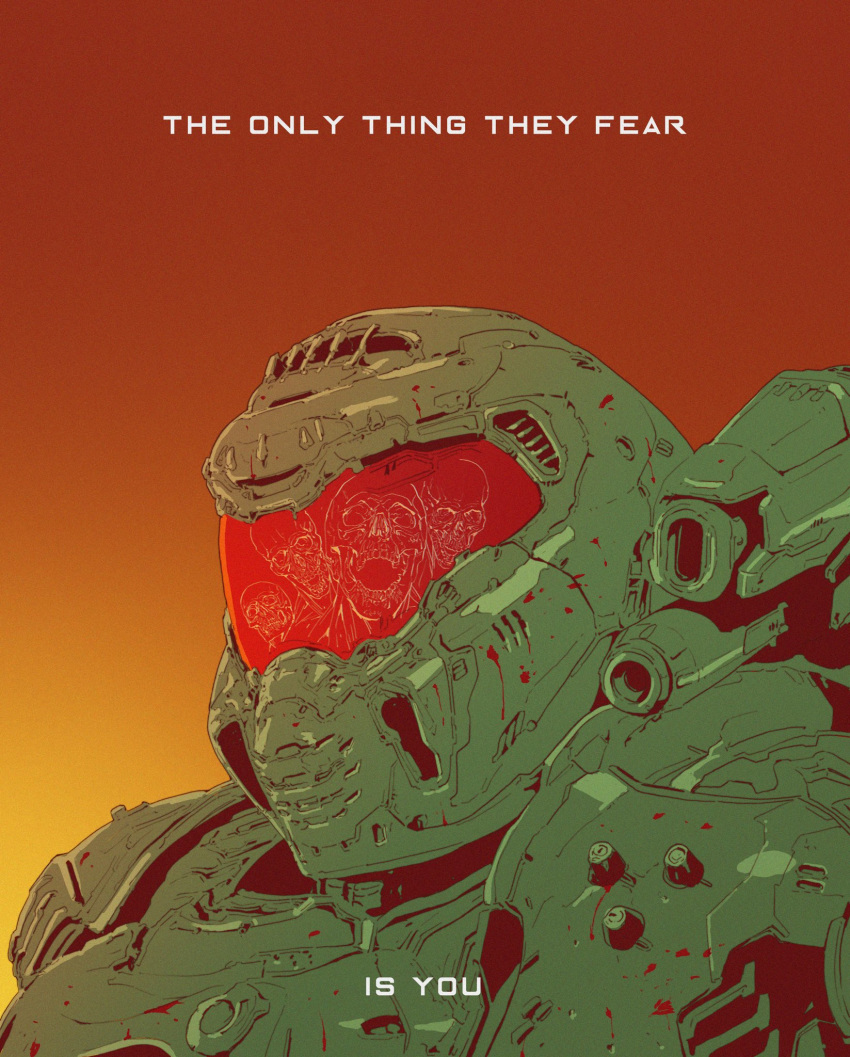 1boy, armor, blood, blood_splatter, ching_yeh, close-up, commentary_request, demon, doom_(game), doom_eternal, doomguy, english_text, full_armor, gradient, gradient_background, helmet, highres, male_focus, orange_background, portrait, reflection, science_fiction, shoulder_cannon, simple_background, skull, solo_focus, source_quote, turret, upper_body, yellow_background