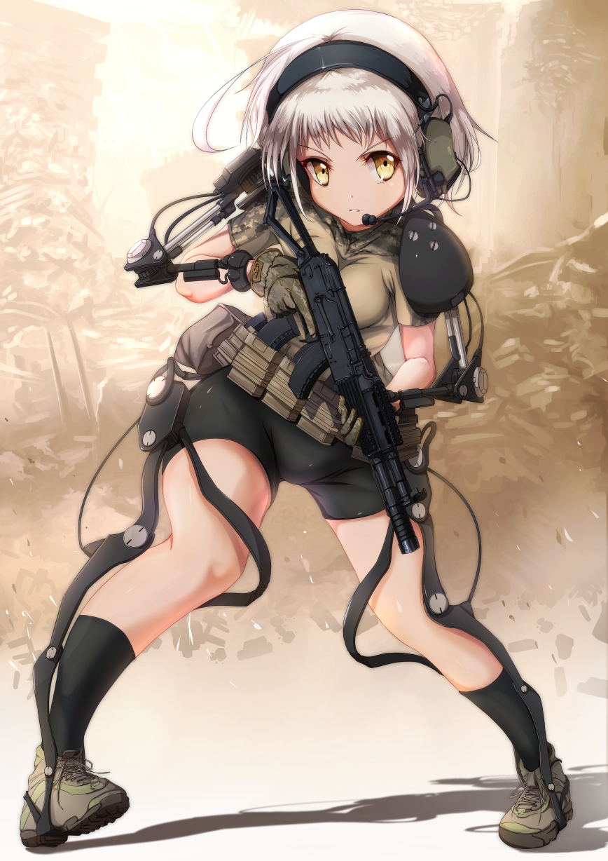 1girl, ak-102, assault_rifle, backlighting, bangs, belt, bike_shorts, black_legwear