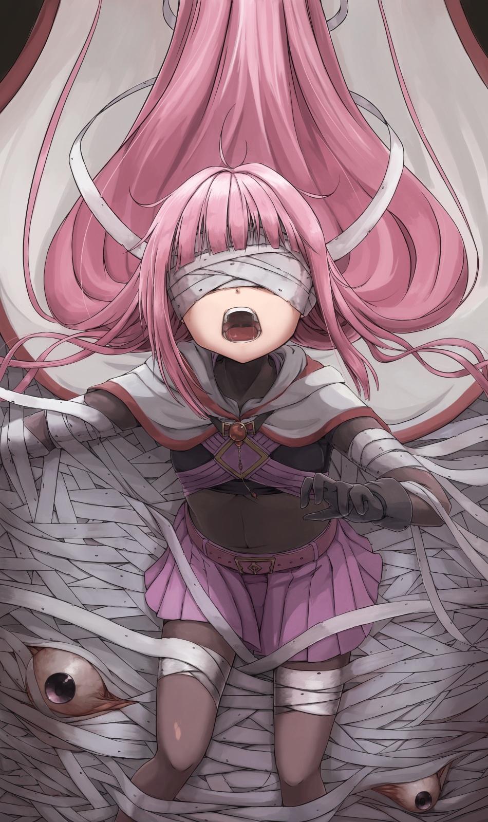 1girl, bandaged_arm, bandaged_leg, bandages, bandages_over_eyes, bangs, belt, black_legwear, blunt_bangs, brown_gloves, cloak, commentary_request, covered_eyes, eyeball, feet_out_of_frame, flat_chest, floating_hair, giovanna_(madoka_magica), gloves, hand_up, hidarikata, highres, legs_apart, long_hair, magia_record:_mahou_shoujo_madoka_magica_gaiden, mahou_shoujo_madoka_magica, midriff, navel, open_mouth, outstretched_arm, pantyhose, pink_hair, pink_skirt, pleated_skirt, saliva, saliva_trail, scared, sidelocks, skirt, solo, soul_gem, straight_hair, tamaki_iroha, teeth, violet_eyes, white_cloak, witch_(madoka_magica)
