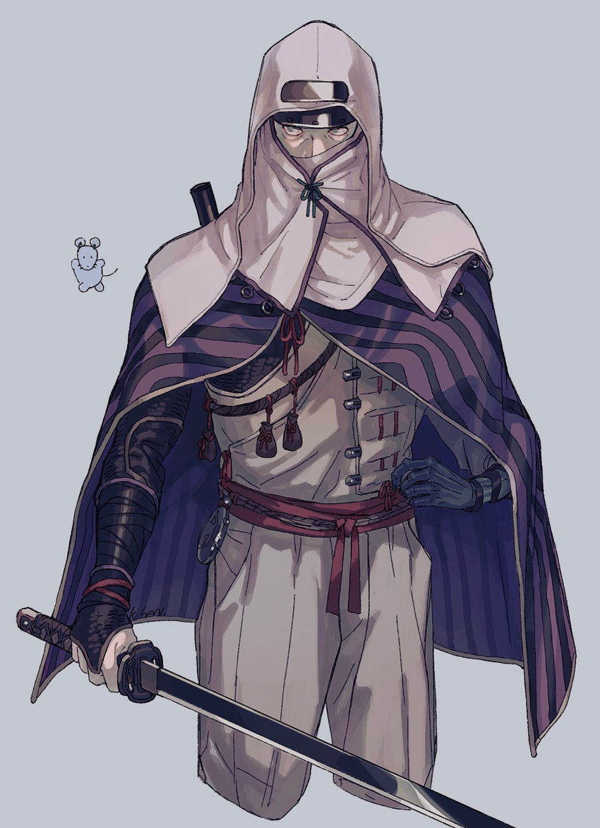 1boy, animal, bandages, blue_eyes, bracelet, cloak, covered_mouth, grey_background