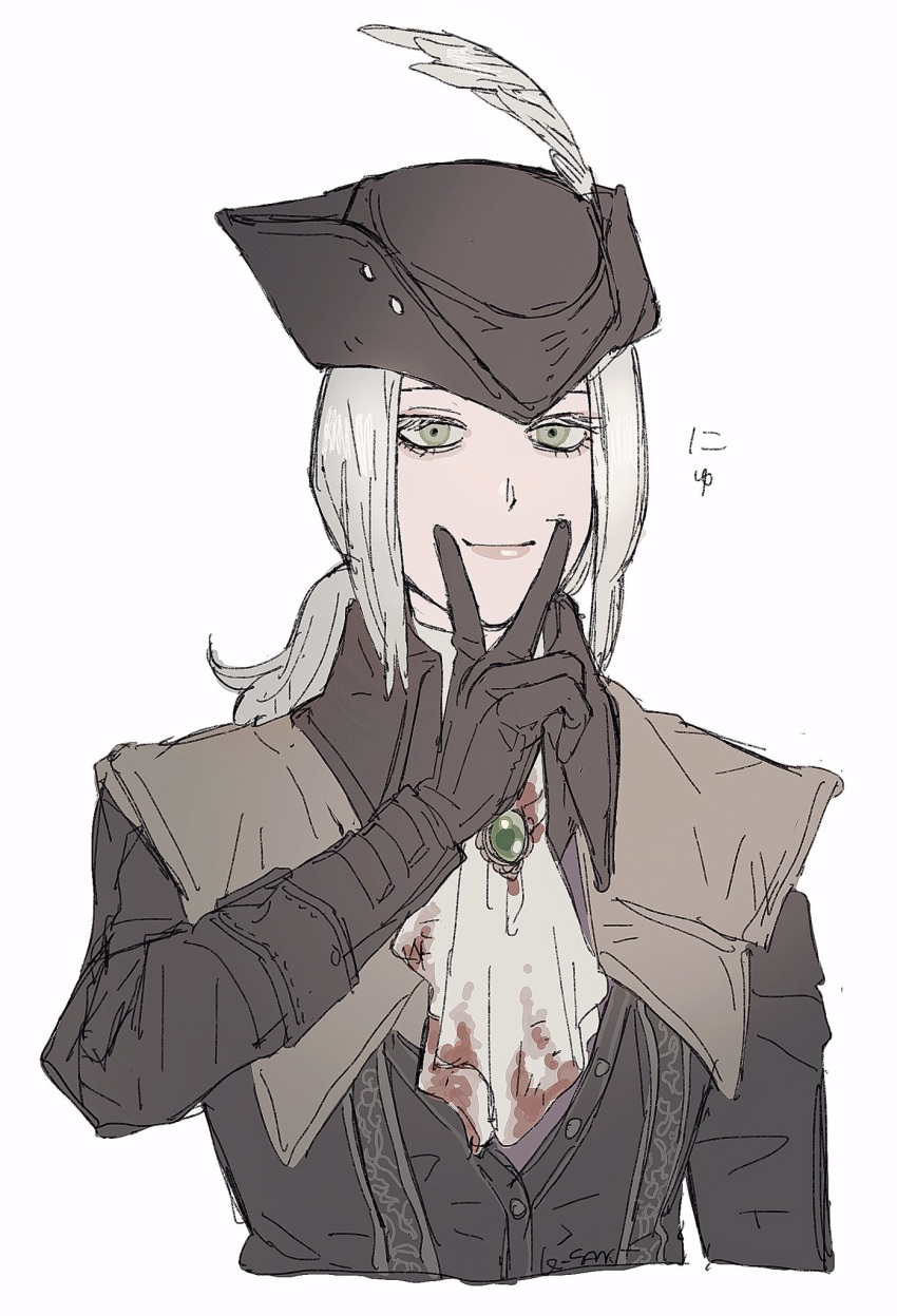 1girl, black_gloves, blood, bloodborne, bloody_clothes, feathers, forced_smile, gem