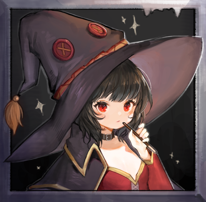 1girl, black_hair, black_headwear, blush, brown_collar, closed_mouth, collar, food