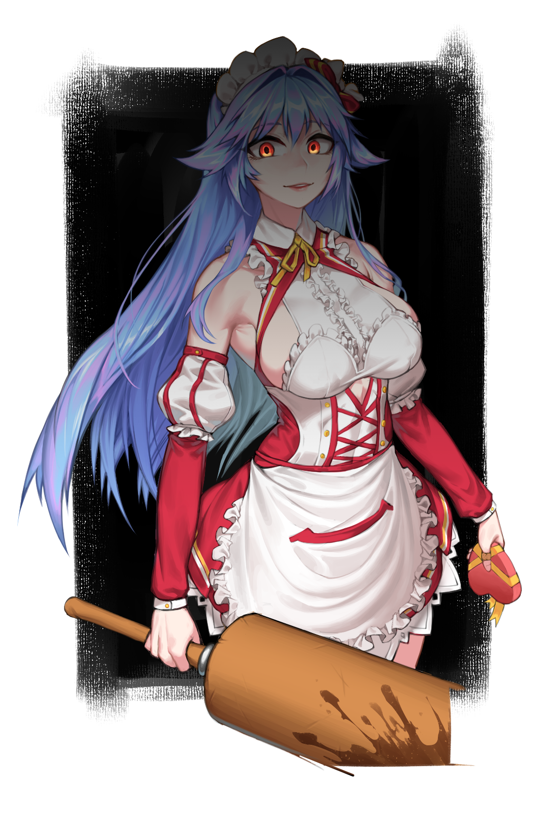apron, armpit_crease, bandaid, bandaid_on_finger, bare_shoulders, blood, blue_hair, bow