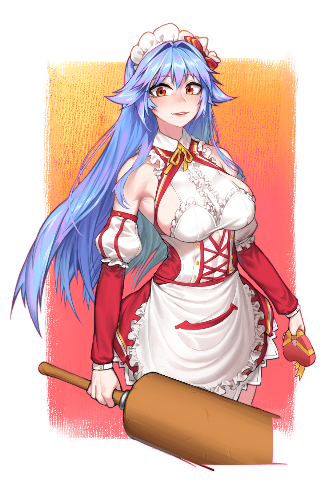 apron, armpit_crease, bandaid, bandaid_on_finger, bare_shoulders, blue_hair, bow, breasts