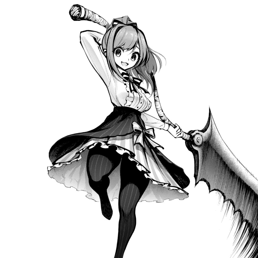 1girl, :d, bangs, bloodborne, breasts, frilled_blouse, frills, greyscale