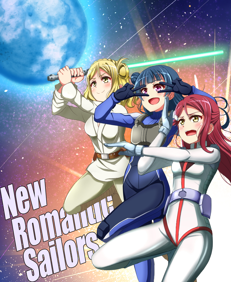 3girls, amuro_ray, amuro_ray_(cosplay), bangs, belt, blonde_hair, blue_hair, bodysuit
