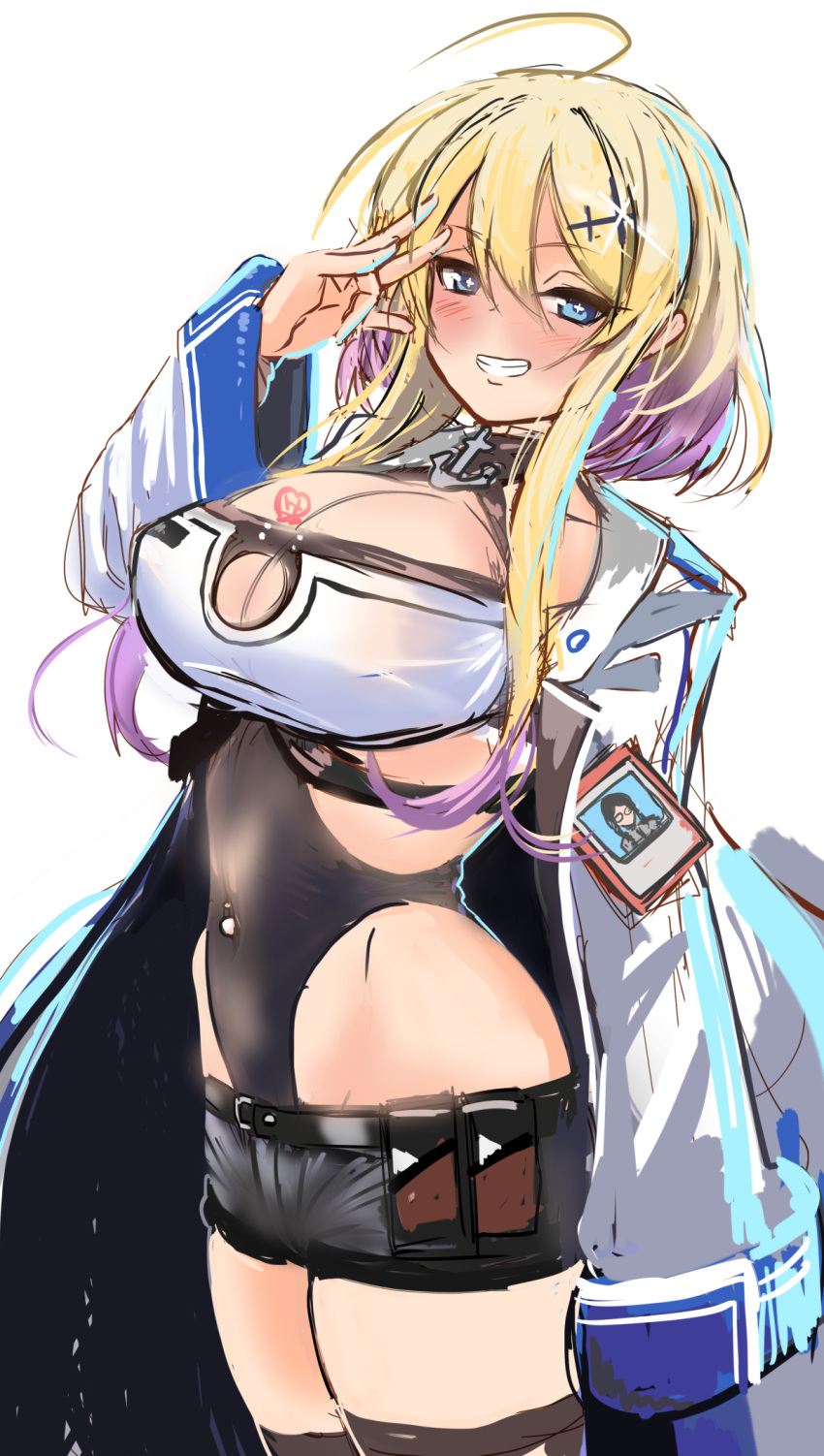 1girl, ahoge, arm_at_side, azur_lane, bangs, black_shorts, blonde_hair, blue_eyes