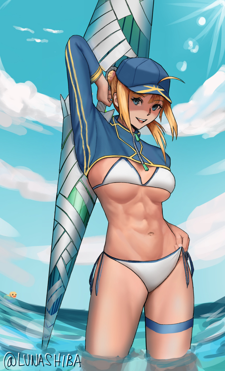 1girl, abs, absurdres, ahoge, artoria_pendragon_(all), baseball_cap, bikini, blonde_hair, blue_eyes, blue_headwear, blue_sky, breasts, clouds, day, english_commentary, fate/grand_order, fate_(series), hat, highres, holding, holding_weapon, large_breasts, looking_at_viewer, lunashiba, medium_hair, mysterious_heroine_xx_(foreigner), navel, polearm, ponytail, side-tie_bikini, sky, smile, solo, spear, swimsuit, thigh_strap, twinmyniad, wading, water, weapon, white_bikini
