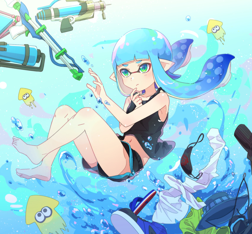 1girl, air_bubble, bangs, barefoot, black_shirt, black_shorts, blue_footwear, blue_hair