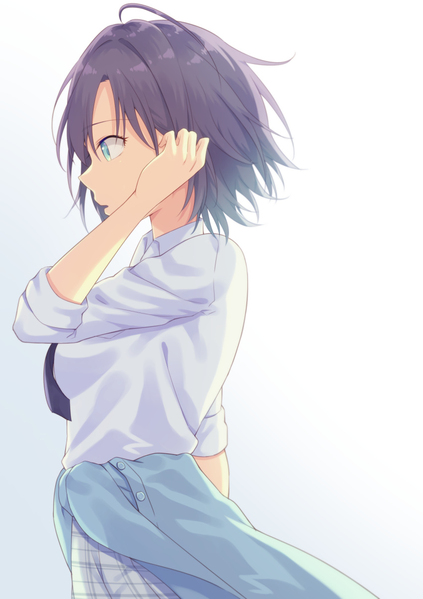 1girl, adjusting_hair, antenna_hair, arm_up, asakura_tooru, azu_a, bangs, black_hair